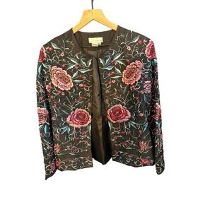 Spiegel Silk Floral Embroidered Jacket Womens Small Black Pink Open Front Blazer